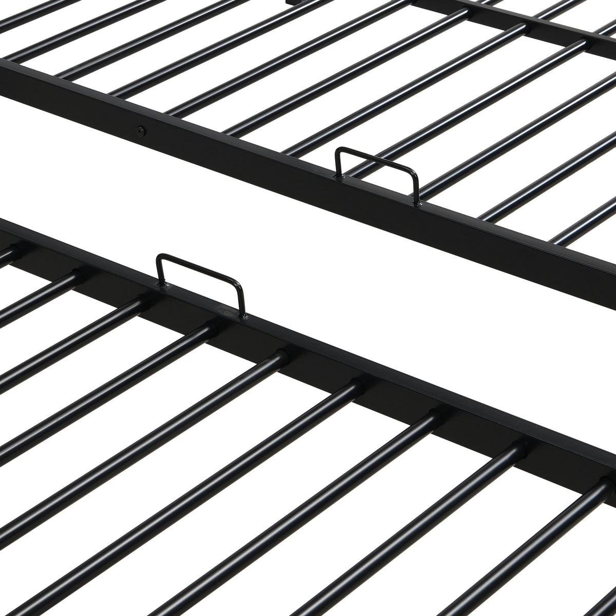 Black metal triple bunk bed frame with tubular rails and slats on Tampa Home & Garden Store