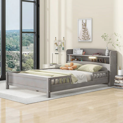 Wood Platform Bed With Led Light and Guardrail