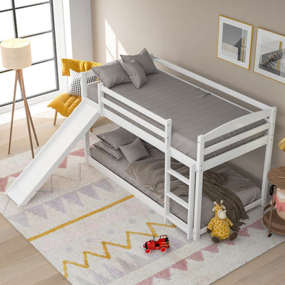Bunk bed with convertible slide and ladder, white frame, gray bedding HouseOfZazla on Tampa Home & Garden Store