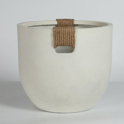 Round concrete planter set of 2, large handmade off-white pots with rope-wrapped rim on Tampa Home & Garden Store