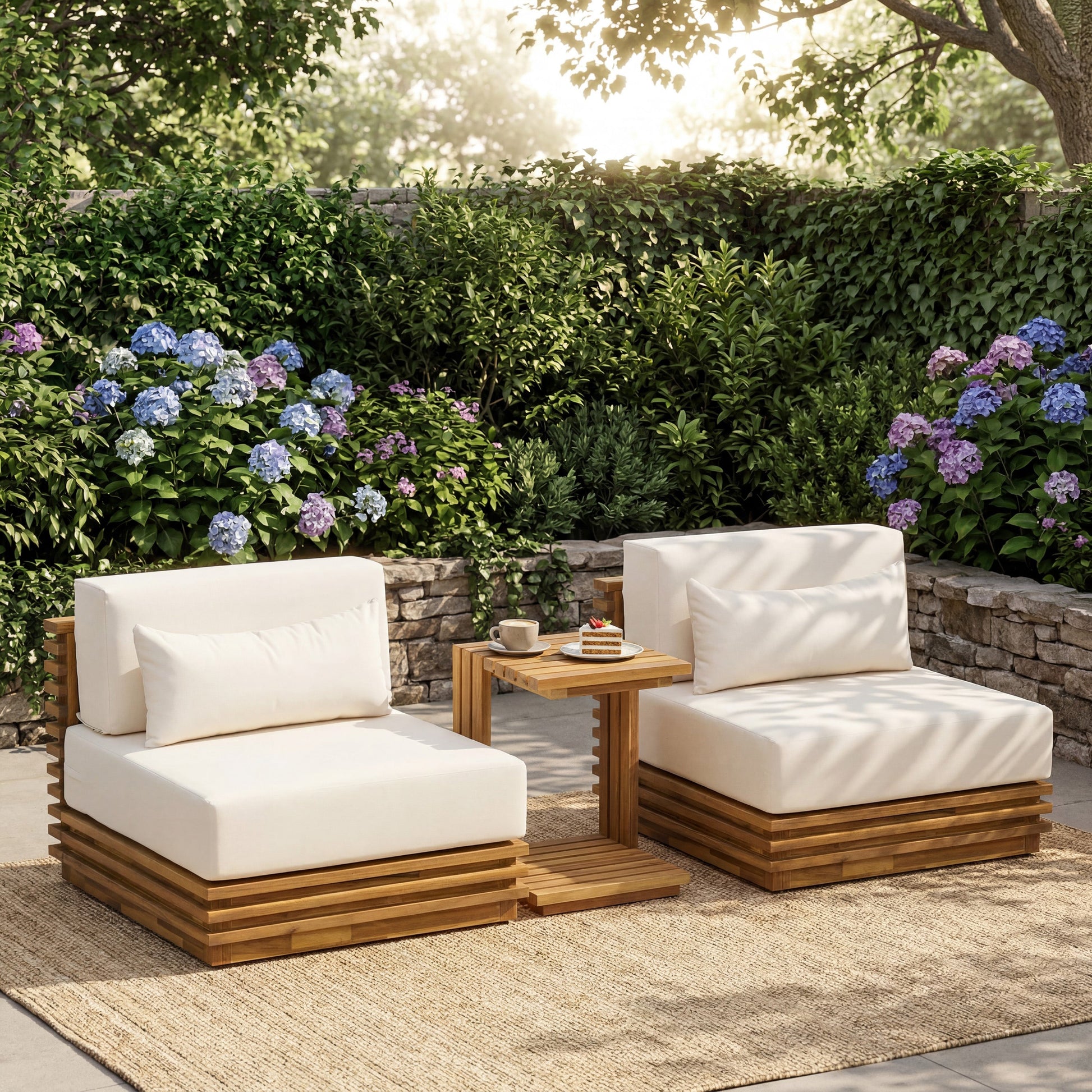Oversized outdoor 3-piece chat set with two white cushions and a wooden side table in garden on Tampa Home & Garden Store