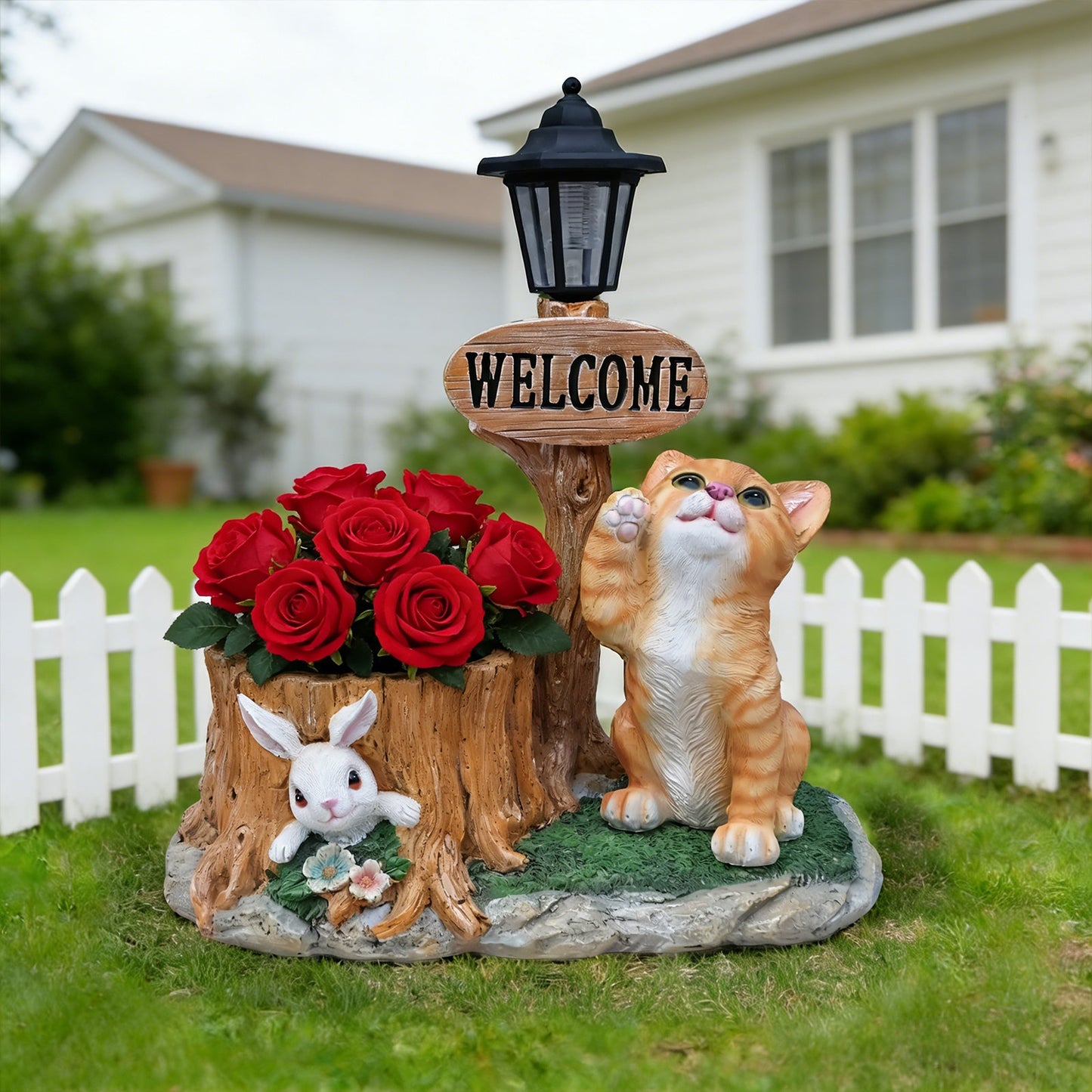 Cute Cat Planter Statue Garden Decor with wood post, black lantern, roses by HouseOfZazla on Tampa Home & Garden Store