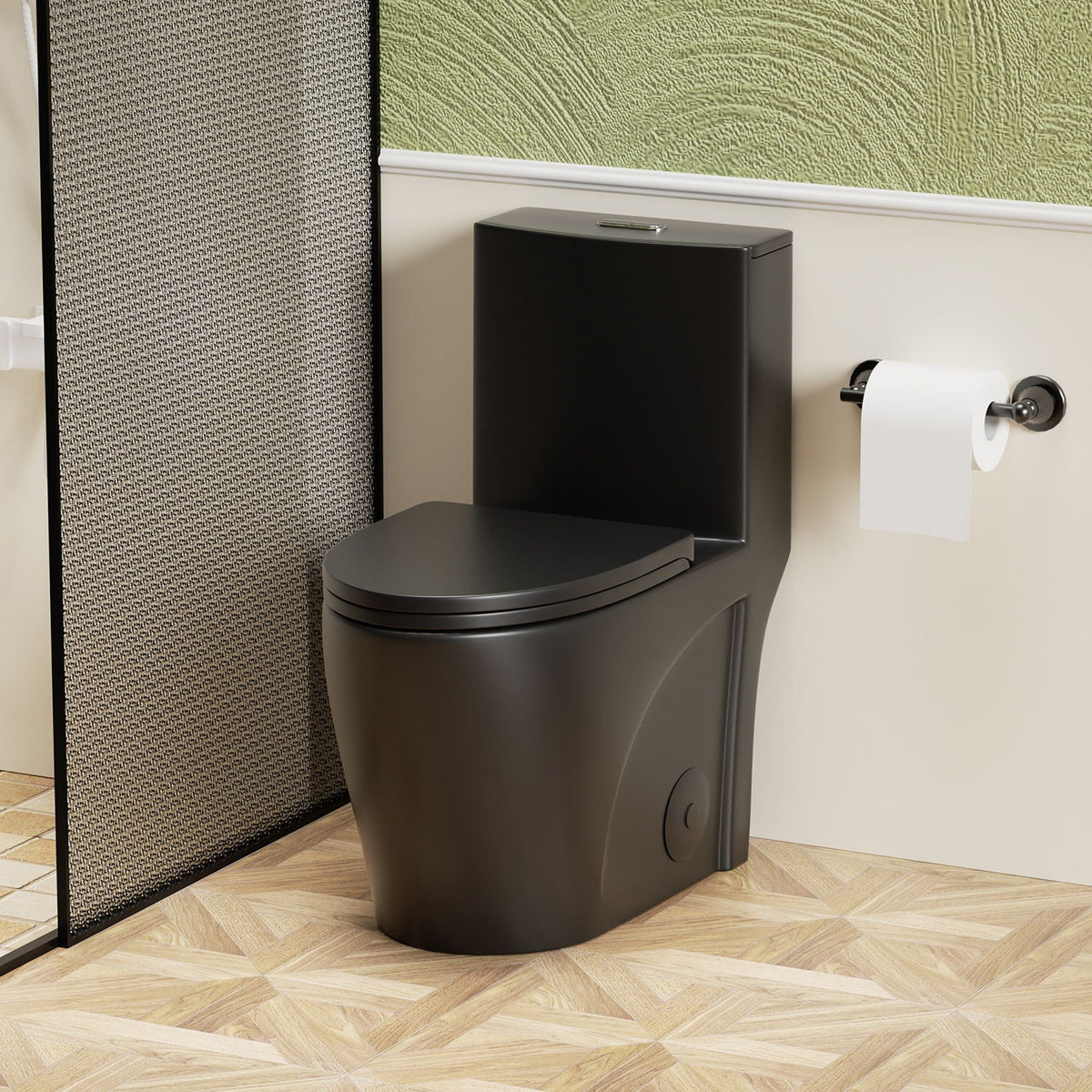 1 Piece Toilet by HouseOfZazla with Tornado Flush and dual flush, ADA height, matte black on Tampa Home & Garden Store