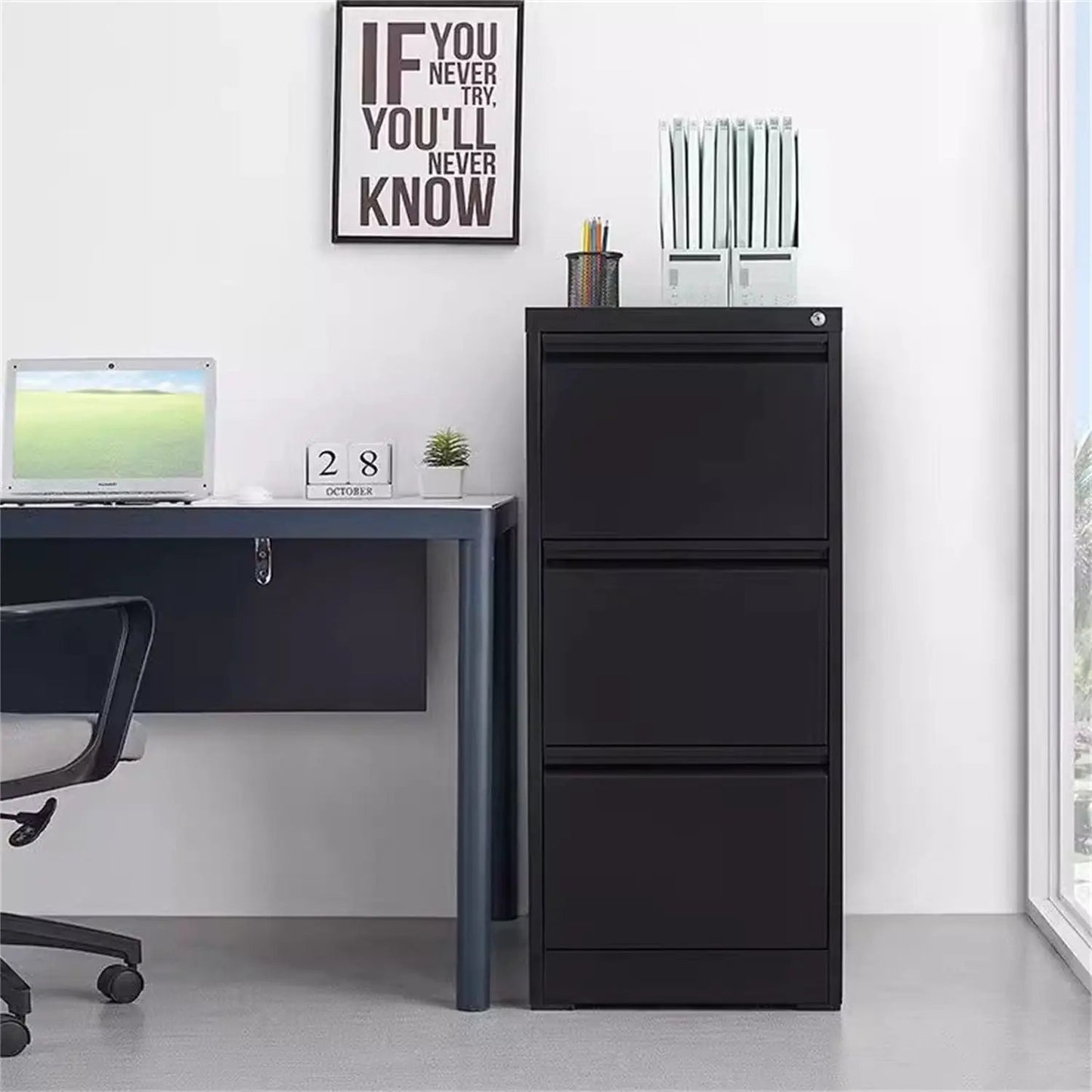 Durable metal 3-drawer file cabinet with lock, black finish, by Unique Piece Furniture on Tampa Home & Garden Store