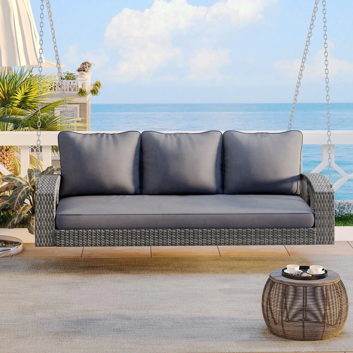 3-person patio swing bench with grey cushions and wicker frame by Unique Piece Furniture on Tampa Home & Garden Store