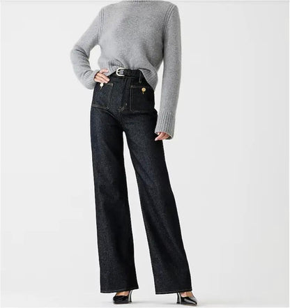 Loose Leisure Washed-out Button Slightly Flared Jeans, dark denim with belt on Tampa Home & Garden Store
