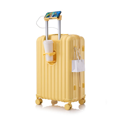 HouseOfZazla yellow spinner carry-on luggage with built-in phone holder and cup holder on Tampa Home & Garden Store