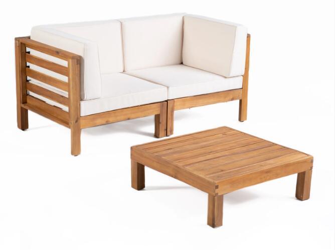 Oana 3-piece outdoor loveseat set with coffee table in acacia wood, white cushions on Tampa Home & Garden Store