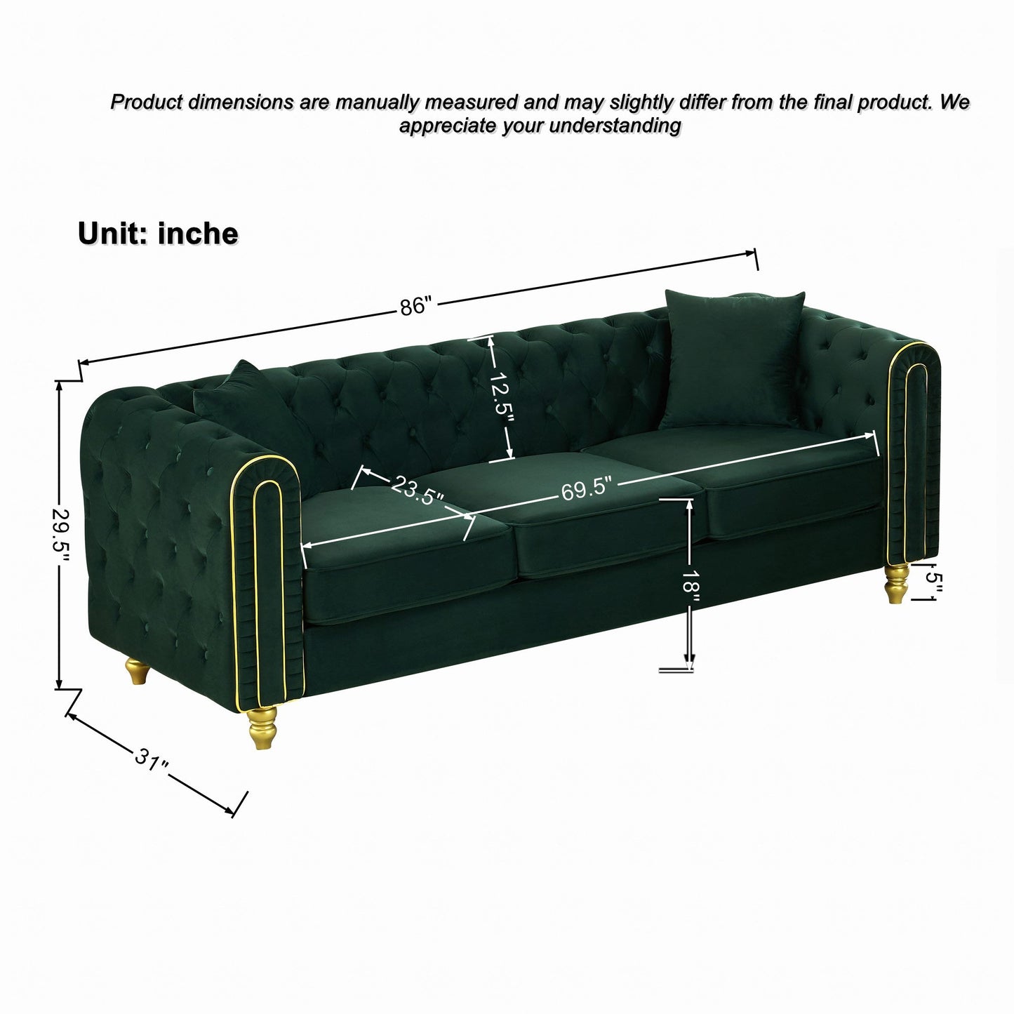 Modern 86 Inch Tufted Velvet And Gold Sofa