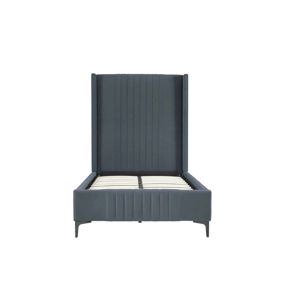 Promenade upholstered bed with tall headboard and slats, dark blue fabric, by HouseOfZazla on Tampa Home & Garden Store
