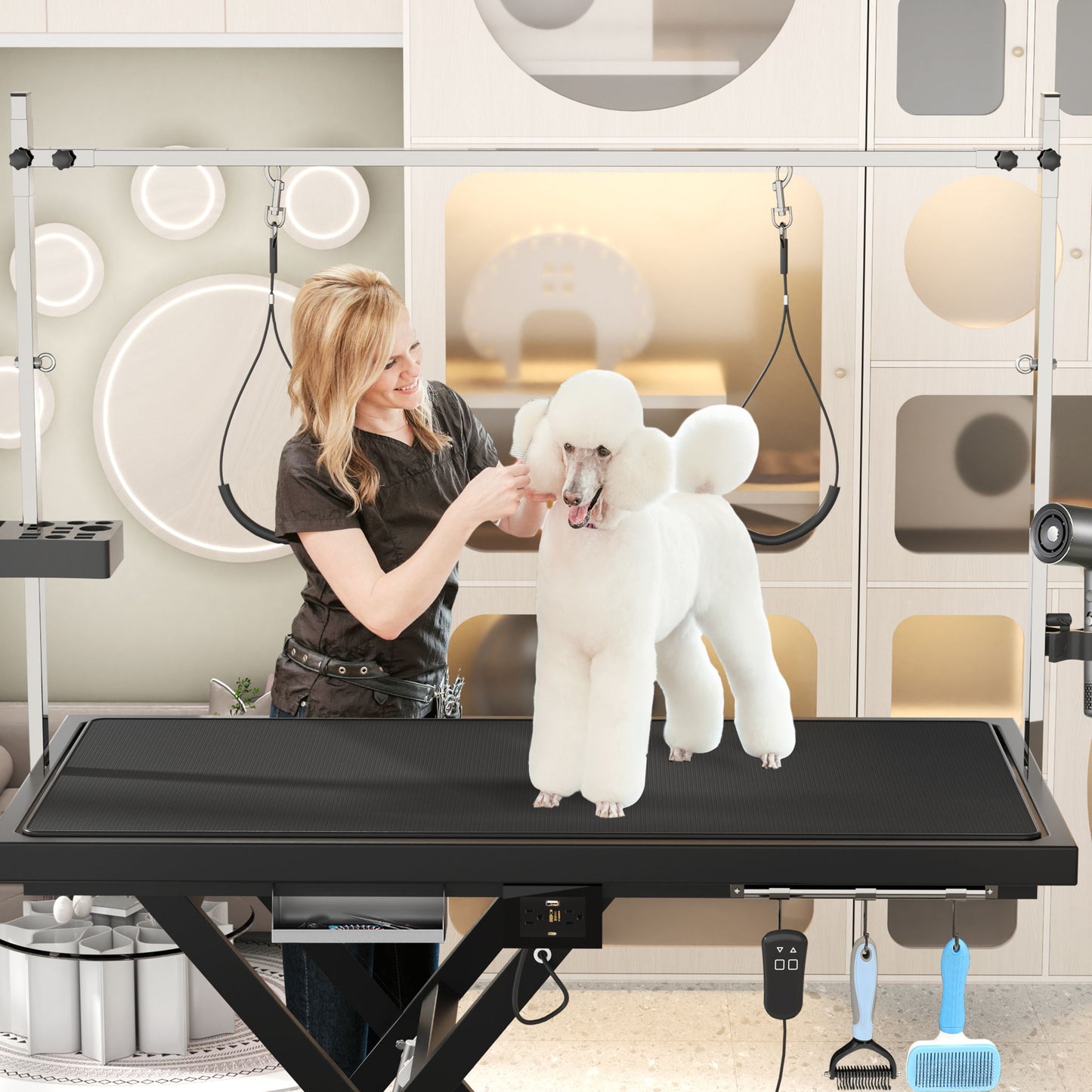 Super Deluxe Electric Pet Grooming Table adjustable non-slip top in a modern grooming station on Tampa Home & Garden Store