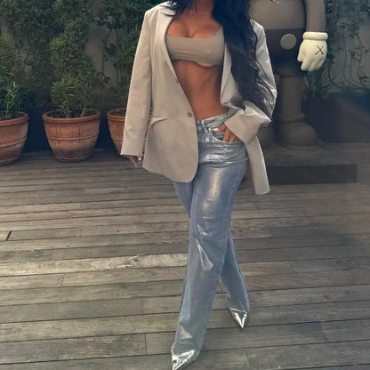 European And American Fashion Retro Hot Silver Loose Jeans metallic silver denim loose fit on Tampa Home & Garden Store on Tampa Home & Garden Store