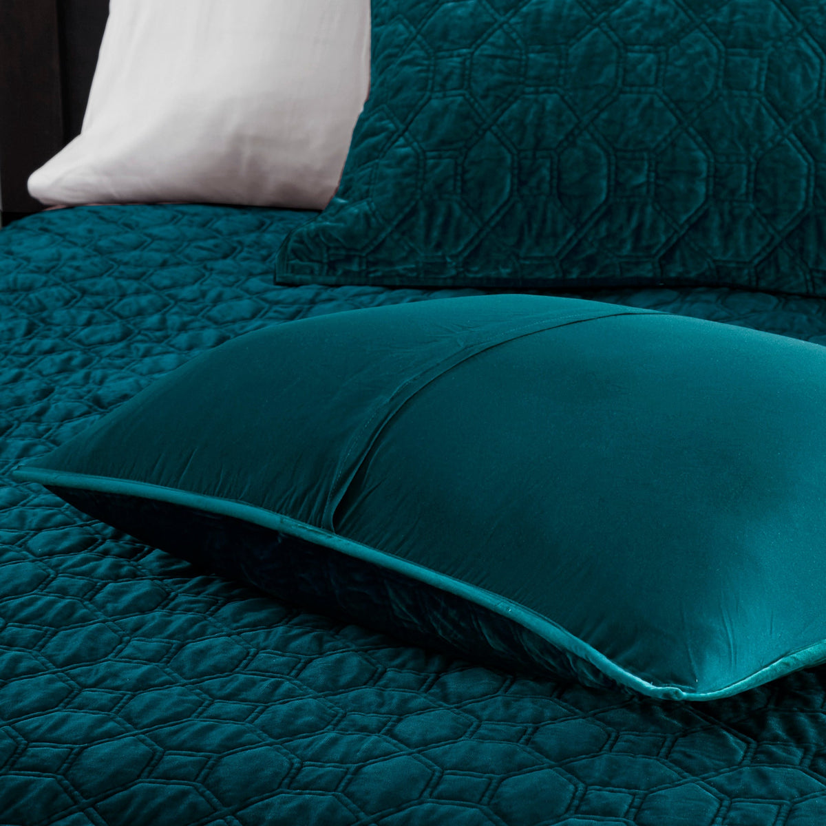 Teal velvet quilt set King/Cal King with geometric quilting, 3-piece by HouseOfZazla on Tampa Home & Garden Store
