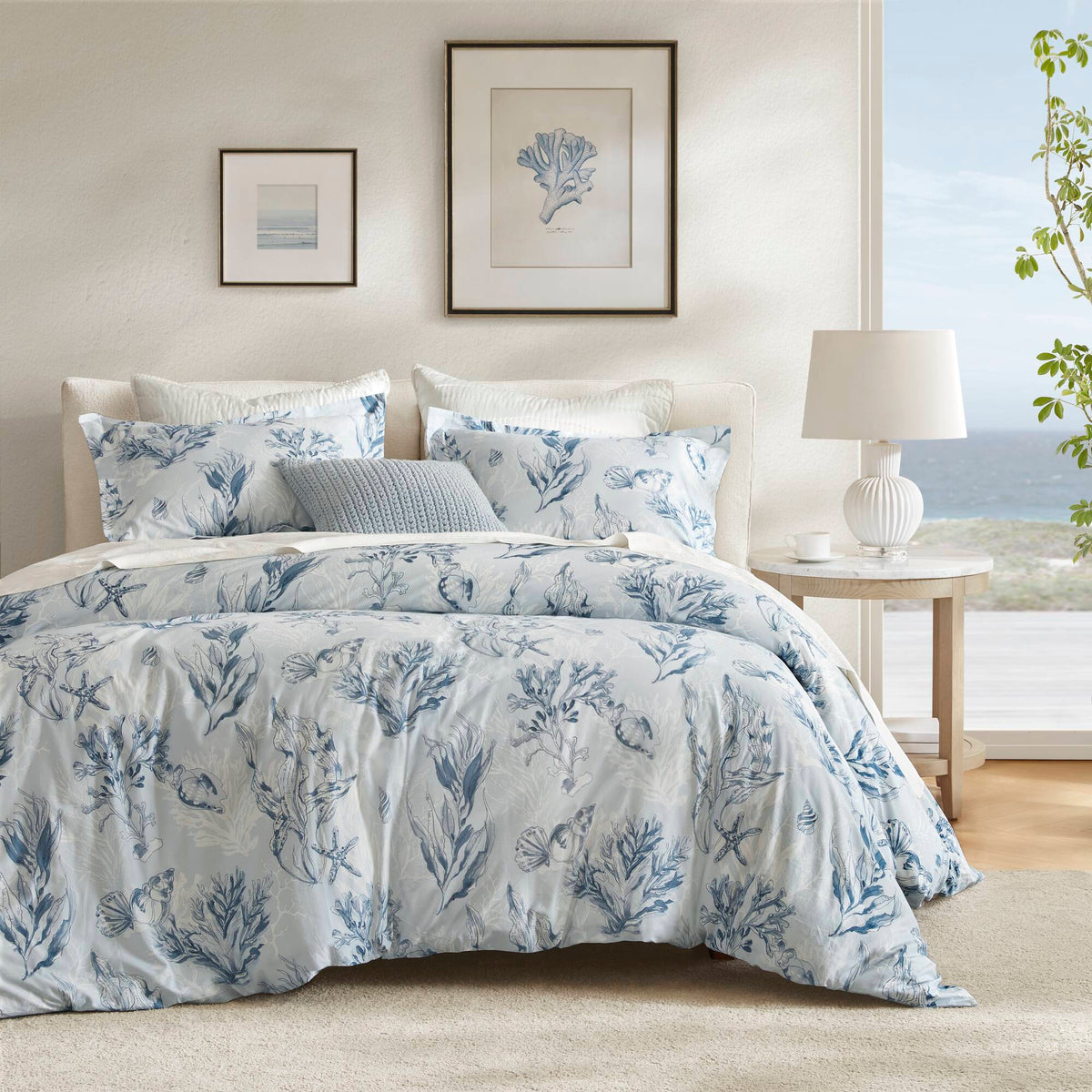 King 100% cotton sateen duvet cover set navy blue with blue botanical print on Tampa Home & Garden Store