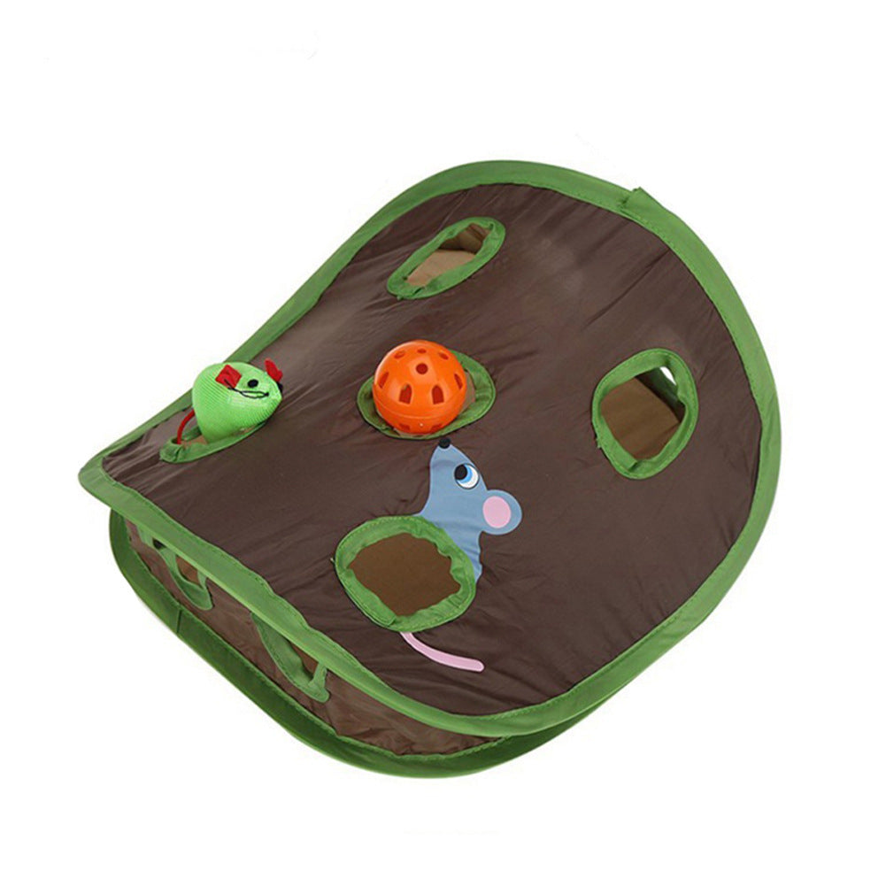 Cat interactive hide-and-seek tunnel toy with 9 holes, green trim, orange ball on Tampa Home & Garden Store