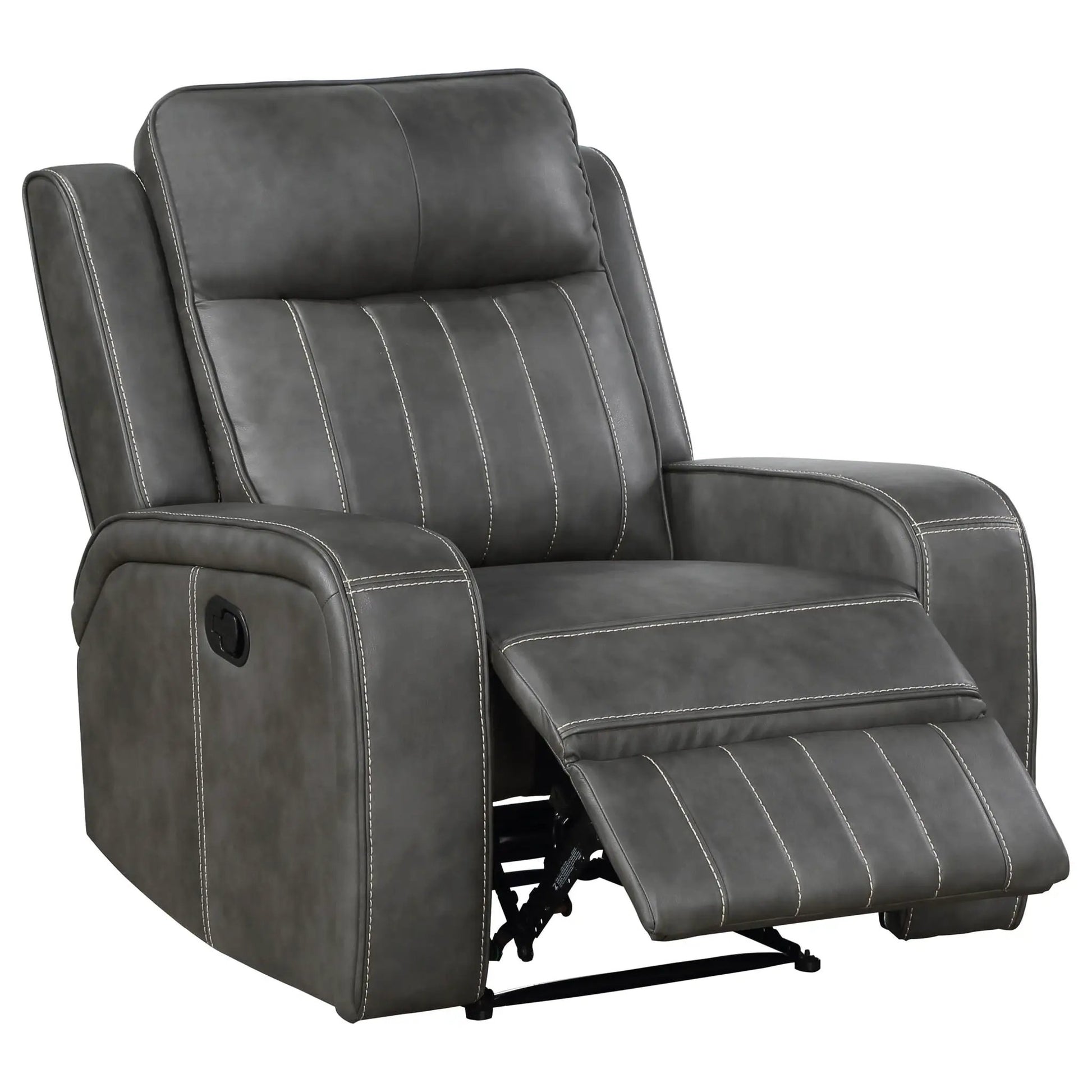 Forrest gray tufted leather recliner chair with white-stitched seams and extended footrest on Tampa Home & Garden Store
