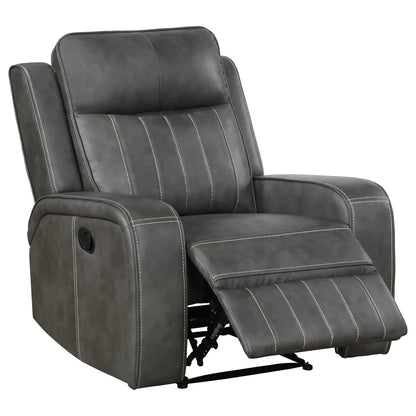 Forrest gray tufted leather recliner chair with white-stitched seams and extended footrest on Tampa Home & Garden Store