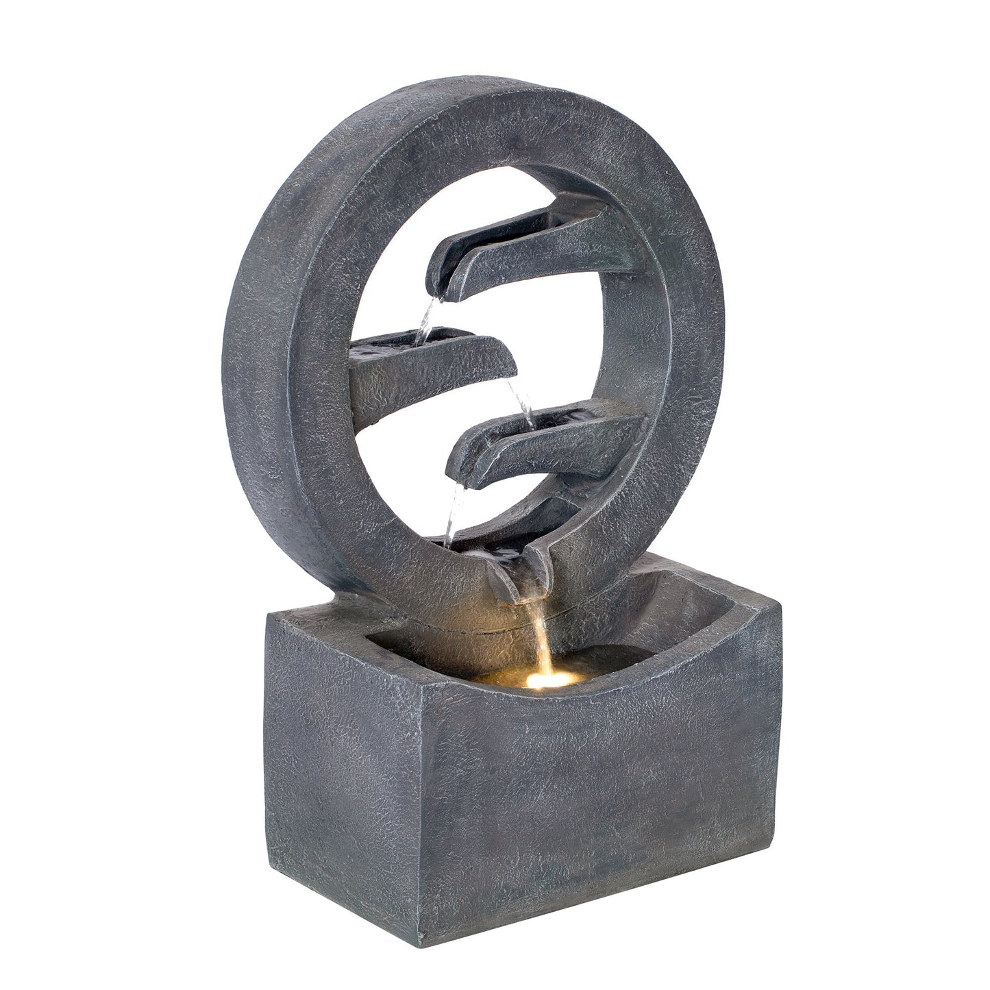 Gray circular polyresin outdoor fountain with LED light and cascading water through inner rings on Tampa Home & Garden Store