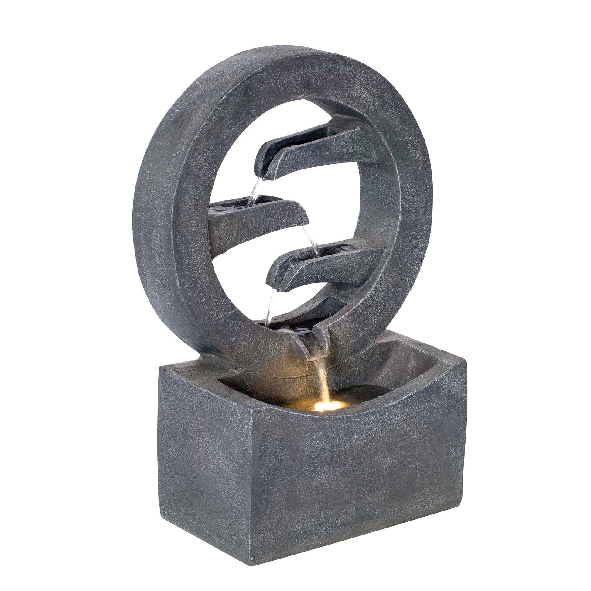 Gray circular polyresin outdoor fountain with LED light and cascading water through inner rings on Tampa Home & Garden Store