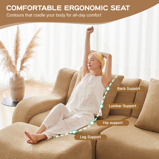 Soft Teddy Fabric Boneless Sofa tan beige upholstery HouseOfZazla sofa relaxing in living scene on Tampa Home & Garden Store