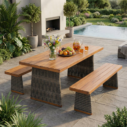 Outdoor 3 Piece Acacia Wood Dining Set and Bench