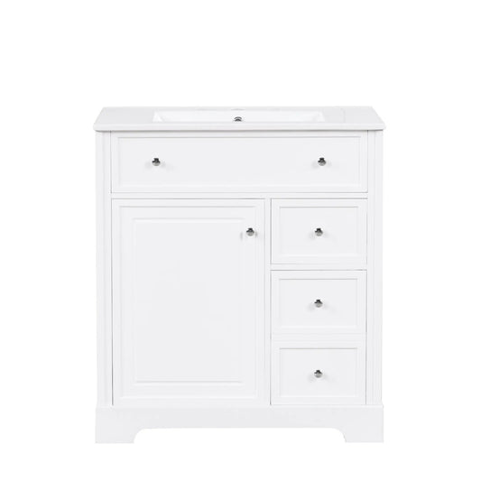 White bathroom vanity with sink top, chrome knobs, cabinet door and two drawers on Tampa Home & Garden Store
