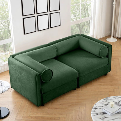 Stylish sofa with storage seat and cylindrical backrest, green velvet on Tampa Home & Garden Store