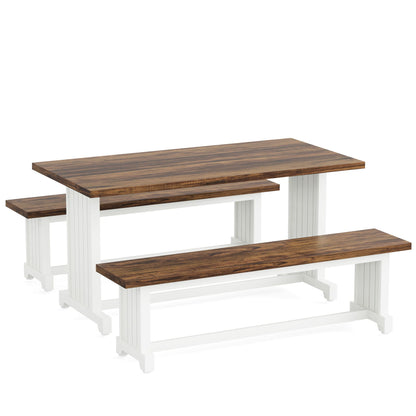 3 Piece Dining Table Set with Space Saving Benches brown wood top white legs on Tampa Home & Garden Store