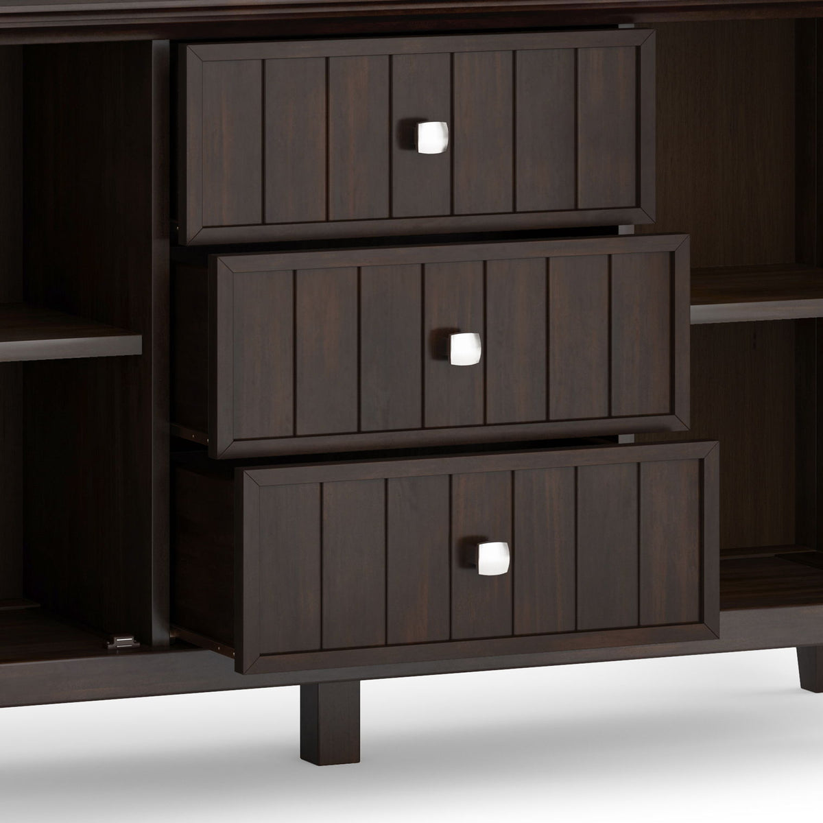 Bedford Sideboard Buffet dark tobacco brown with vertical panel doors and square knobs 3 drawers on Tampa Home & Garden Store