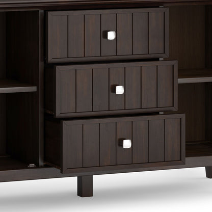 Bedford Sideboard Buffet dark tobacco brown with vertical panel doors and square knobs 3 drawers on Tampa Home & Garden Store