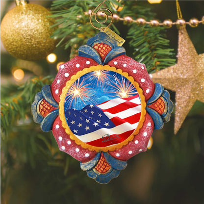 G. DeBrekht Patriotic Fireworks Sculpted Ornament with hand-painted American flag centerpiece on Tampa Home & Garden Store
