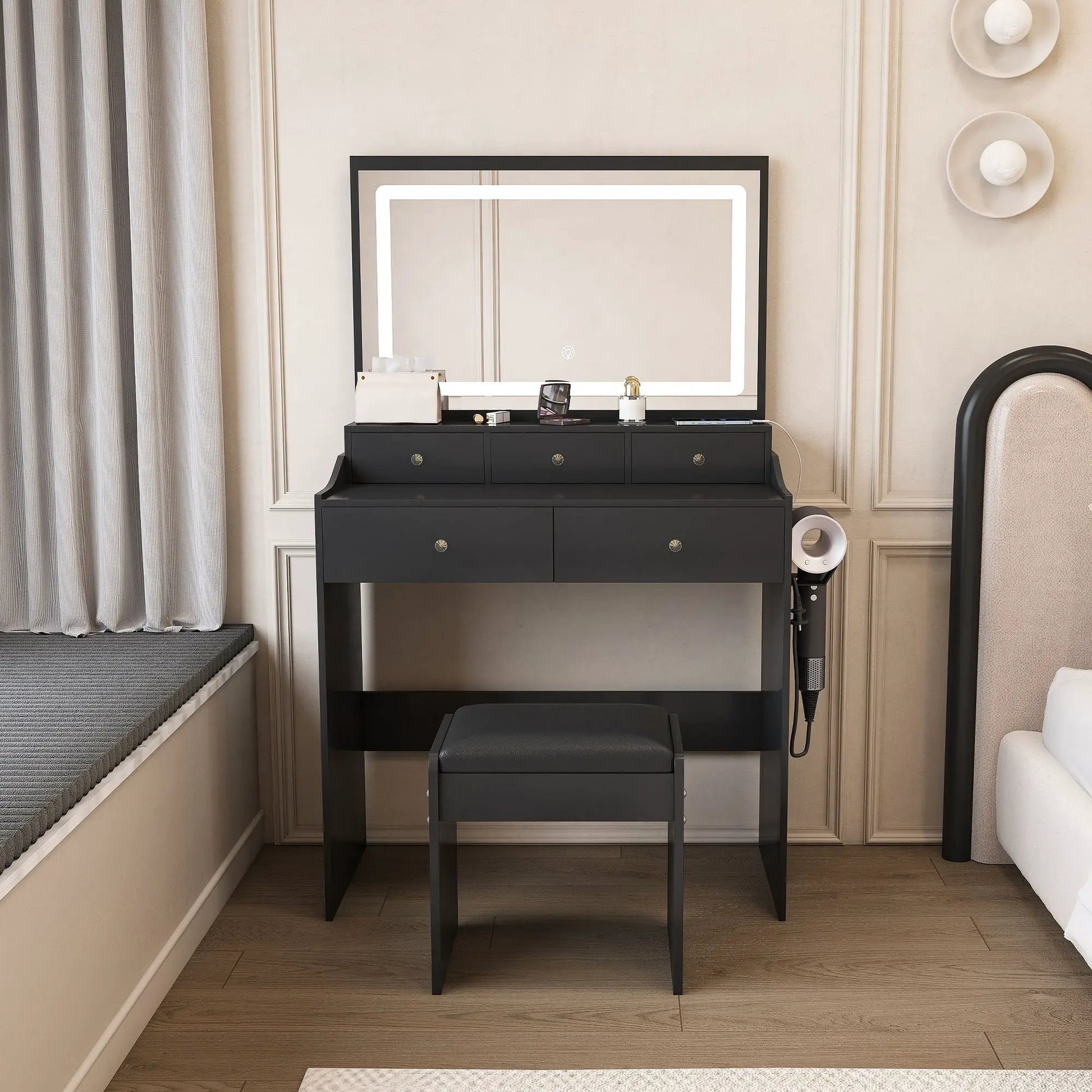 Modern makeup vanity set with black finish and illuminated mirror on Tampa Home & Garden Store