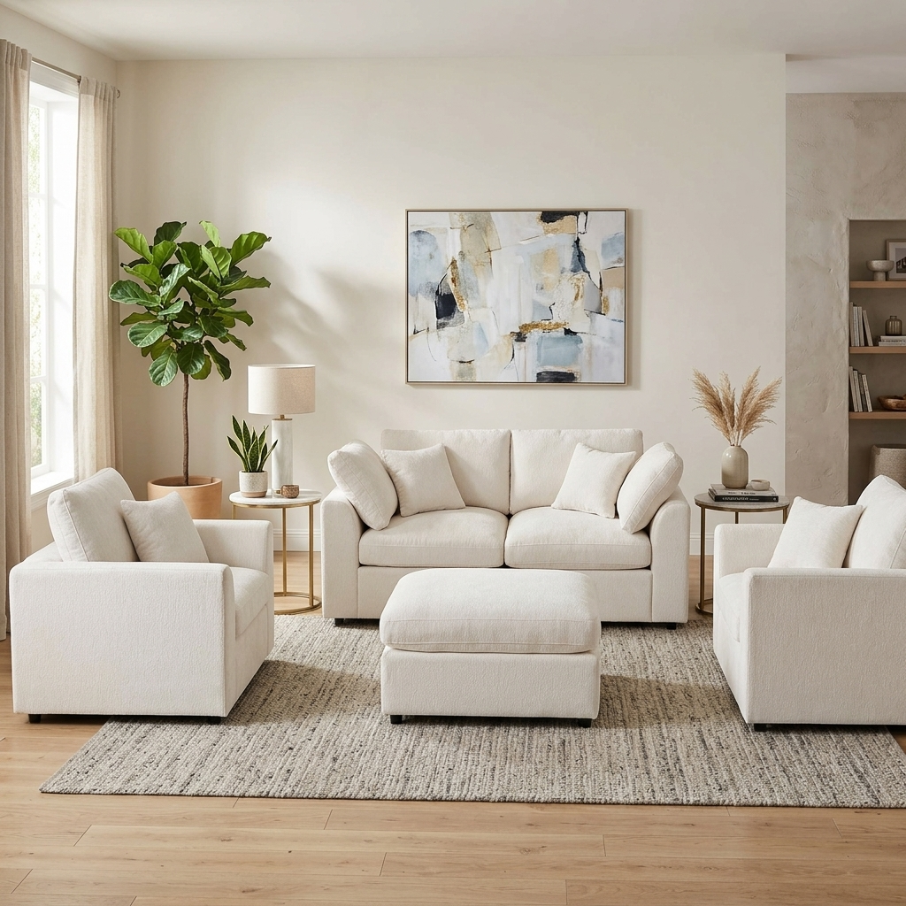 U-Style 4-Piece Sofa Set in cream fabric with 2 chairs loveseat ottoman in a neutral lounge on Tampa Home & Garden Store