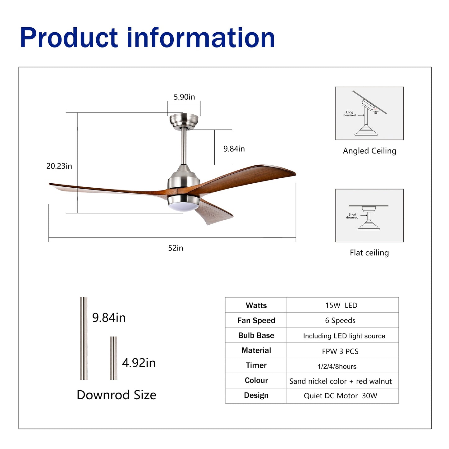 Ceiling fan 52-inch solid wood blades with light kit and remote control by HouseOfZazla on Tampa Home & Garden Store