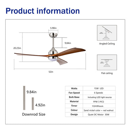 Ceiling fan 52-inch solid wood blades with light kit and remote control by HouseOfZazla on Tampa Home & Garden Store