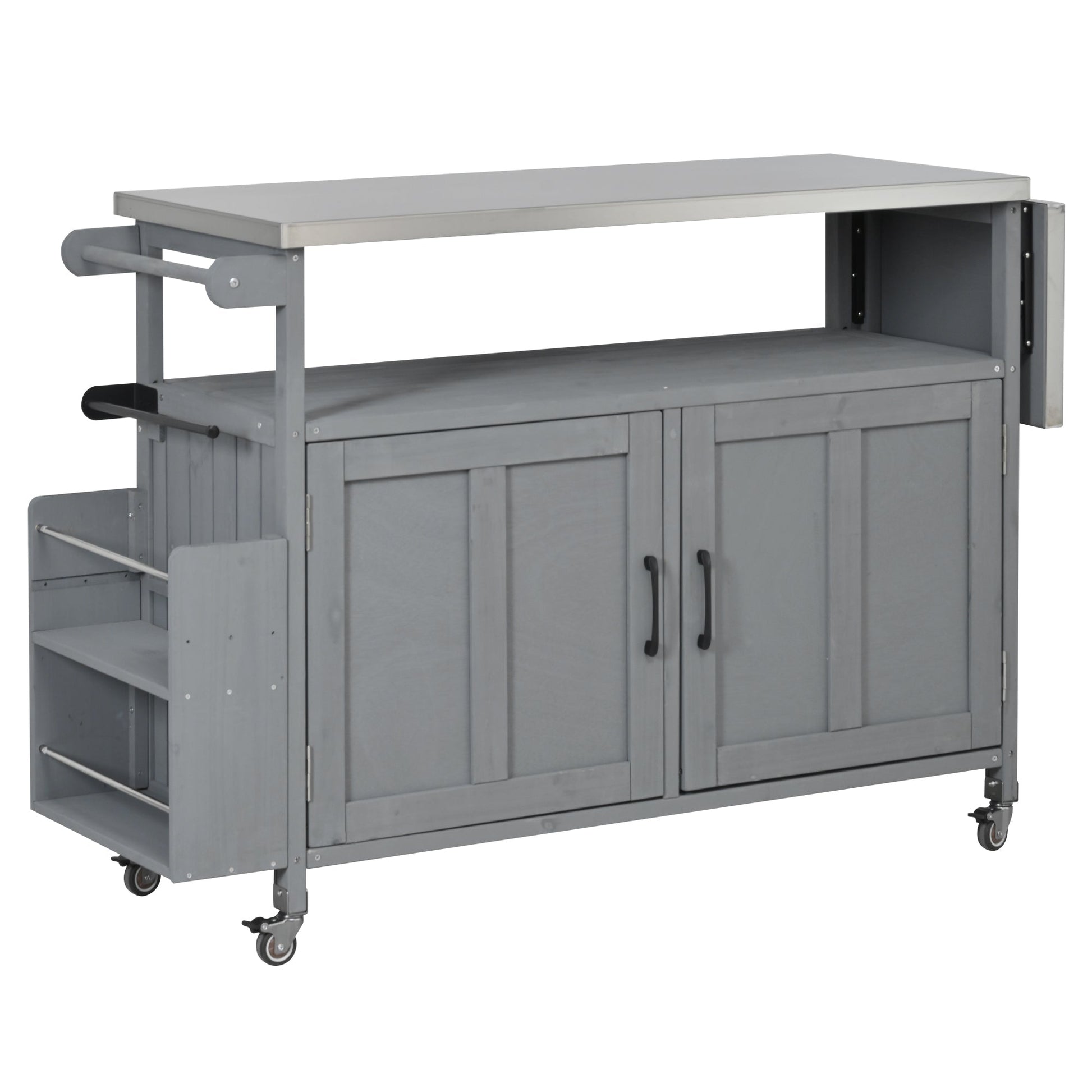 Foldable Outdoor Kitchen Island cart HouseOfZazla gray metal with wheels and lower cabinet on Tampa Home & Garden Store