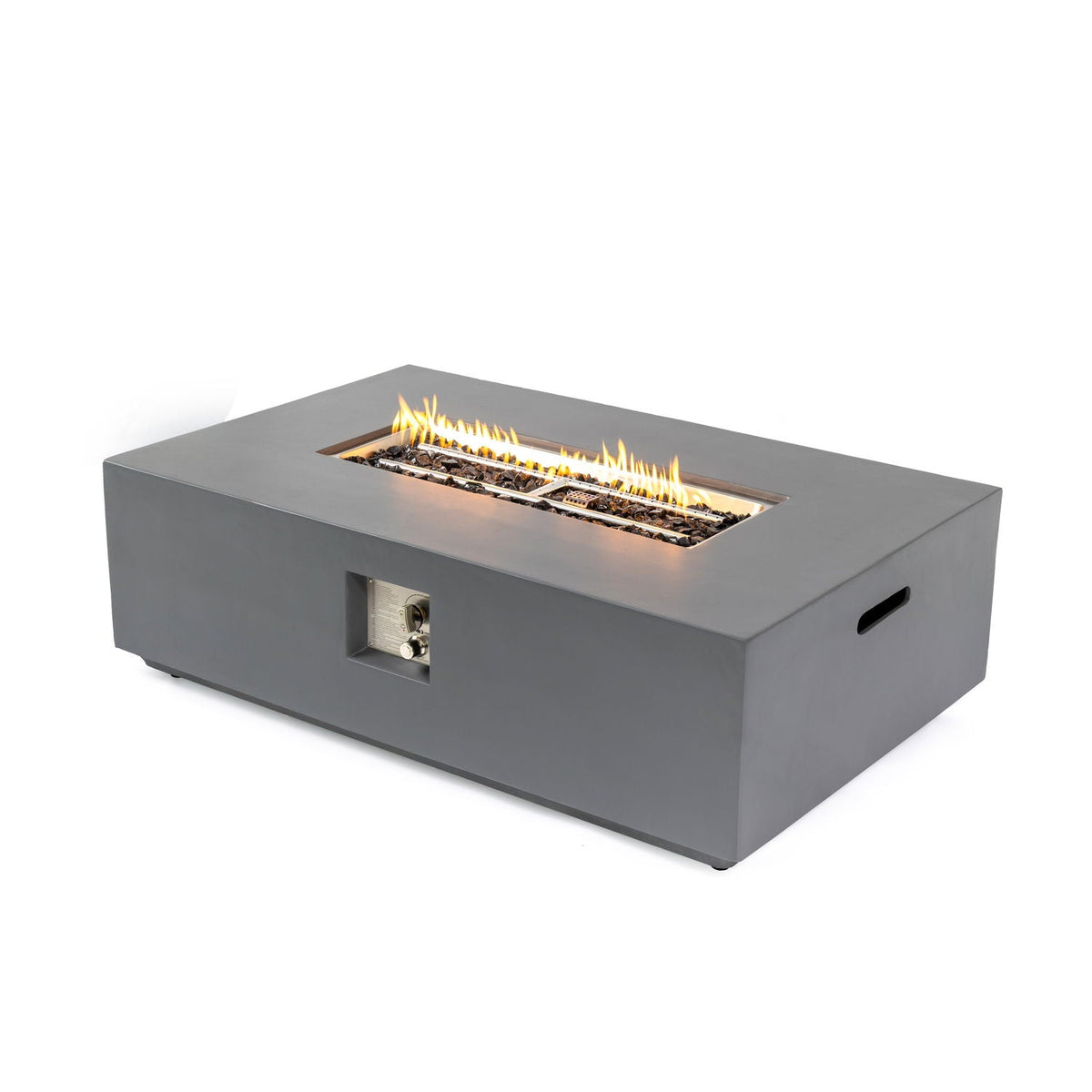 Rectangular light gray fire pit table with 50,000 BTU burner and glass rock bed on Tampa Home & Garden Store