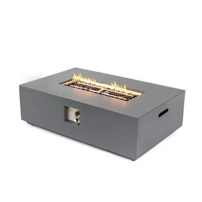 Rectangular light gray fire pit table with 50,000 BTU burner and glass rock bed on Tampa Home & Garden Store