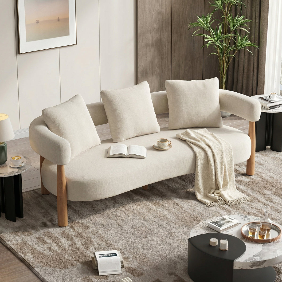 Luxe Modern Curved Three Seater Chenille Sofa