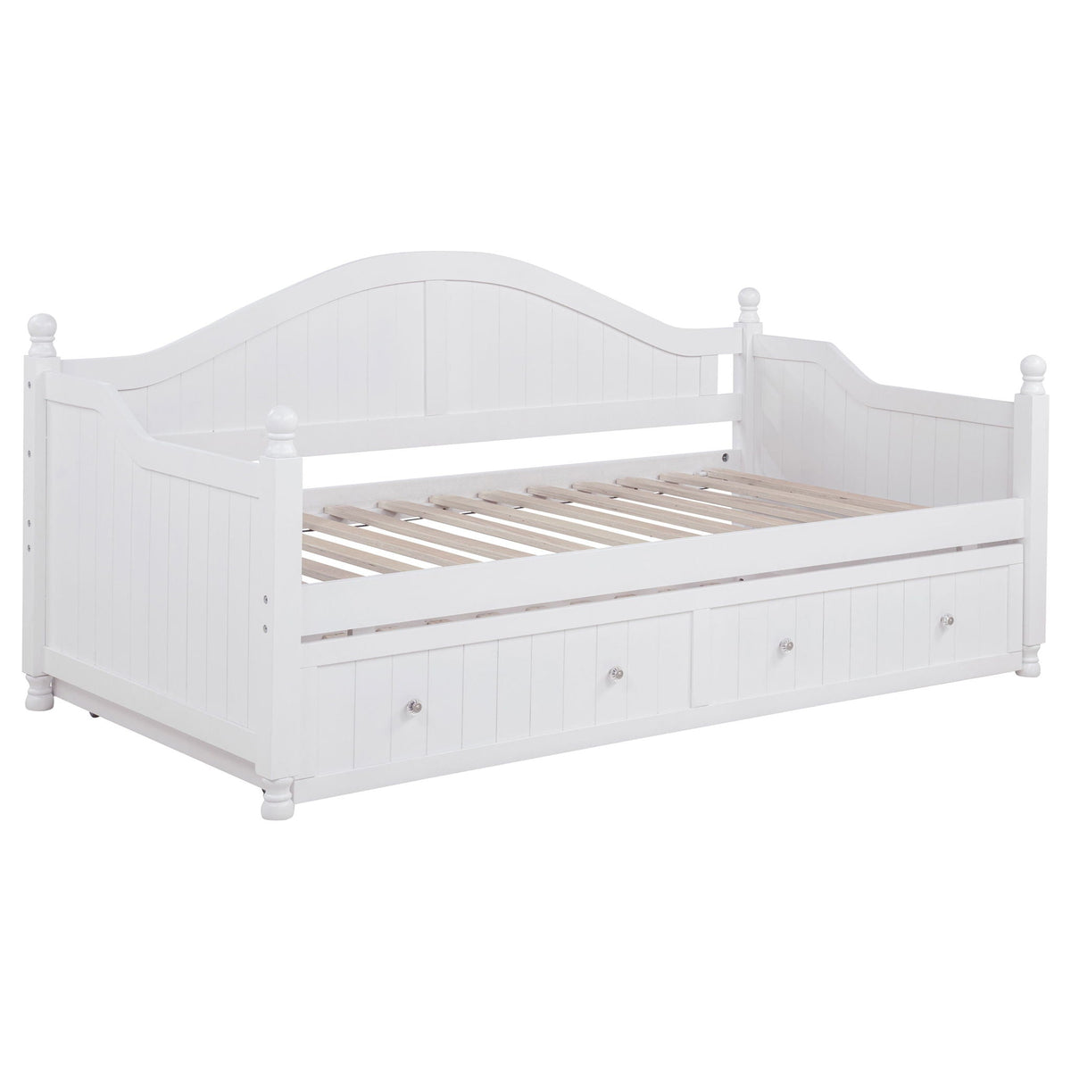 Twin daybed in white with trundle storage, curved headboard and panel detailing on Tampa Home & Garden Store
