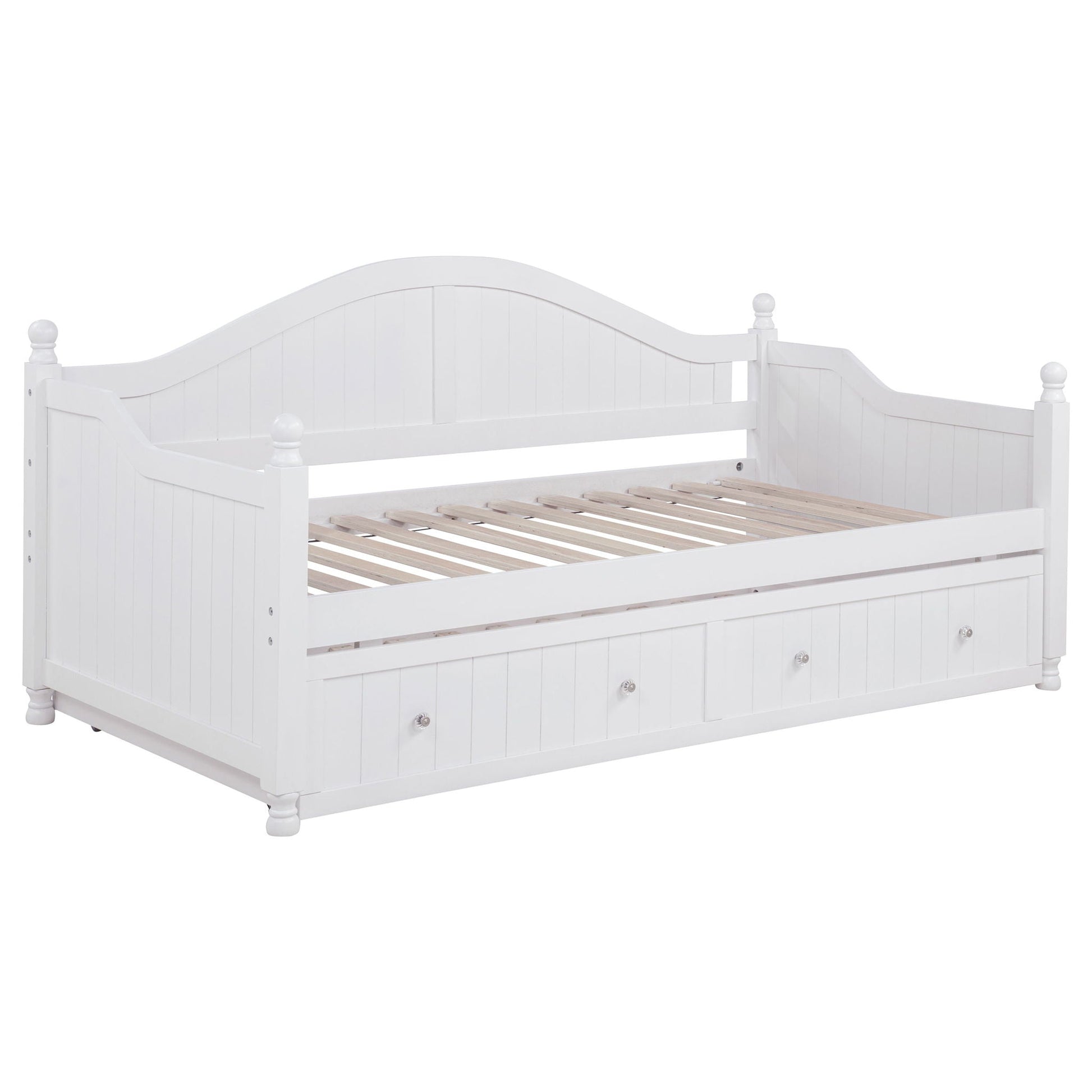 Twin daybed in white with trundle storage, curved headboard and panel detailing on Tampa Home & Garden Store