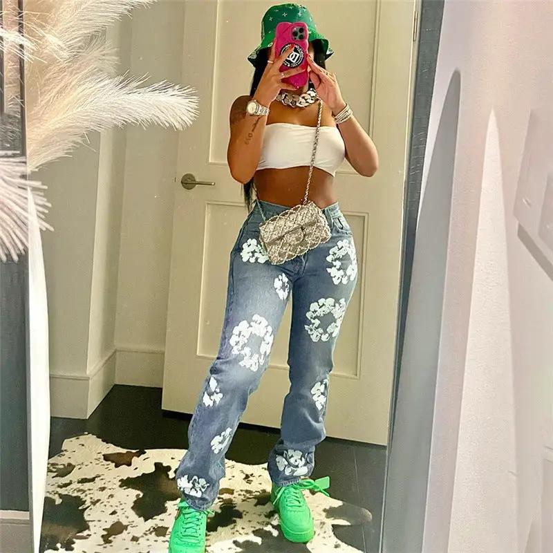 Printed High Waist Jeans blue denim with white florals, straight leg on Tampa Home & Garden Store