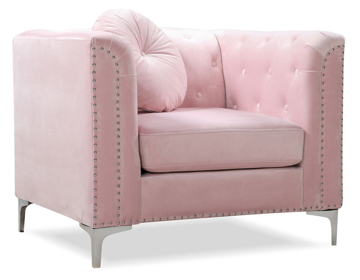 Contemporary Sloped Arm Chair pink micro suede with nailhead trim and metal legs on Tampa Home & Garden Store