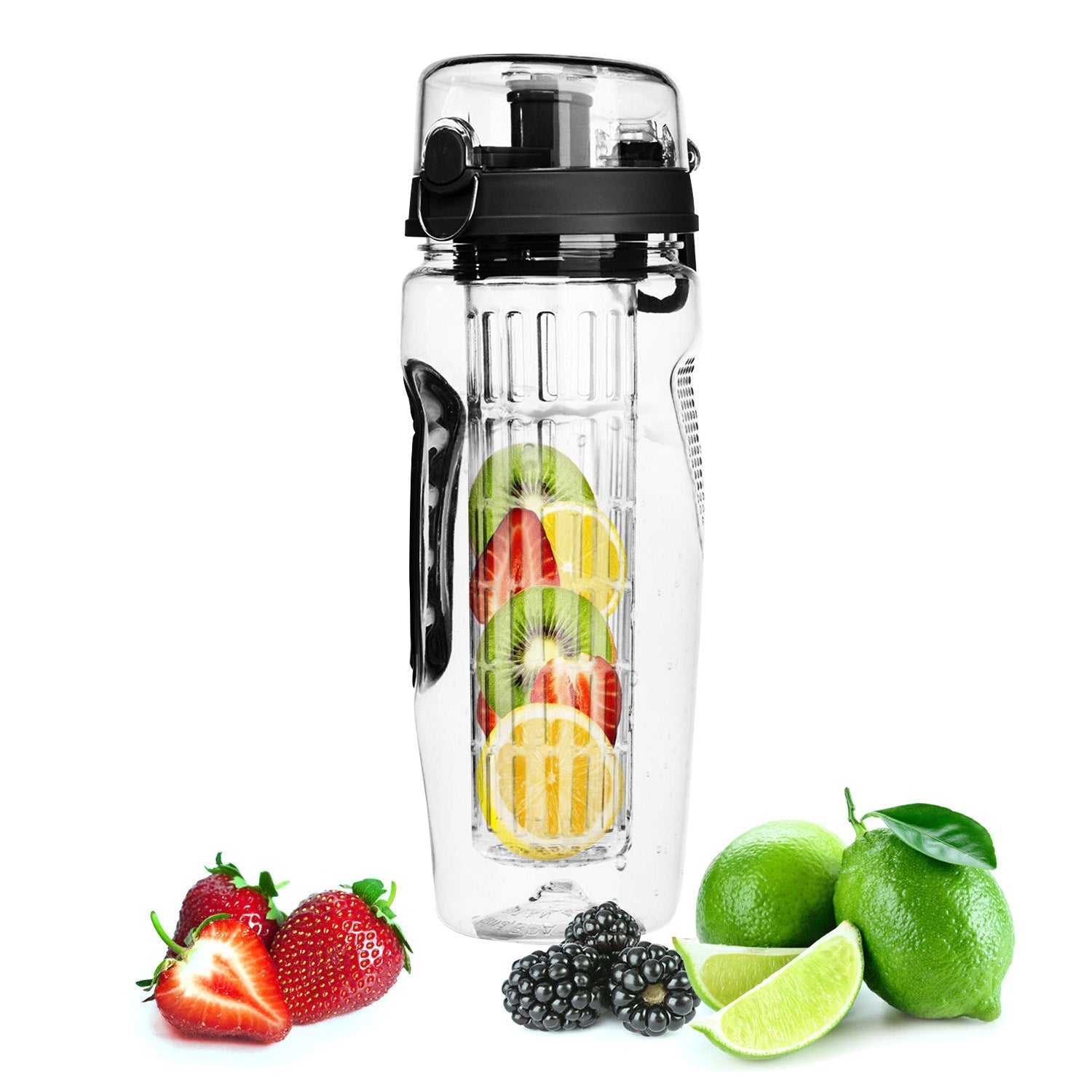 GemGear Fruit Infuser Water Bottle 32oz with clear glass body and black flip-top lid on Tampa Home & Garden Store