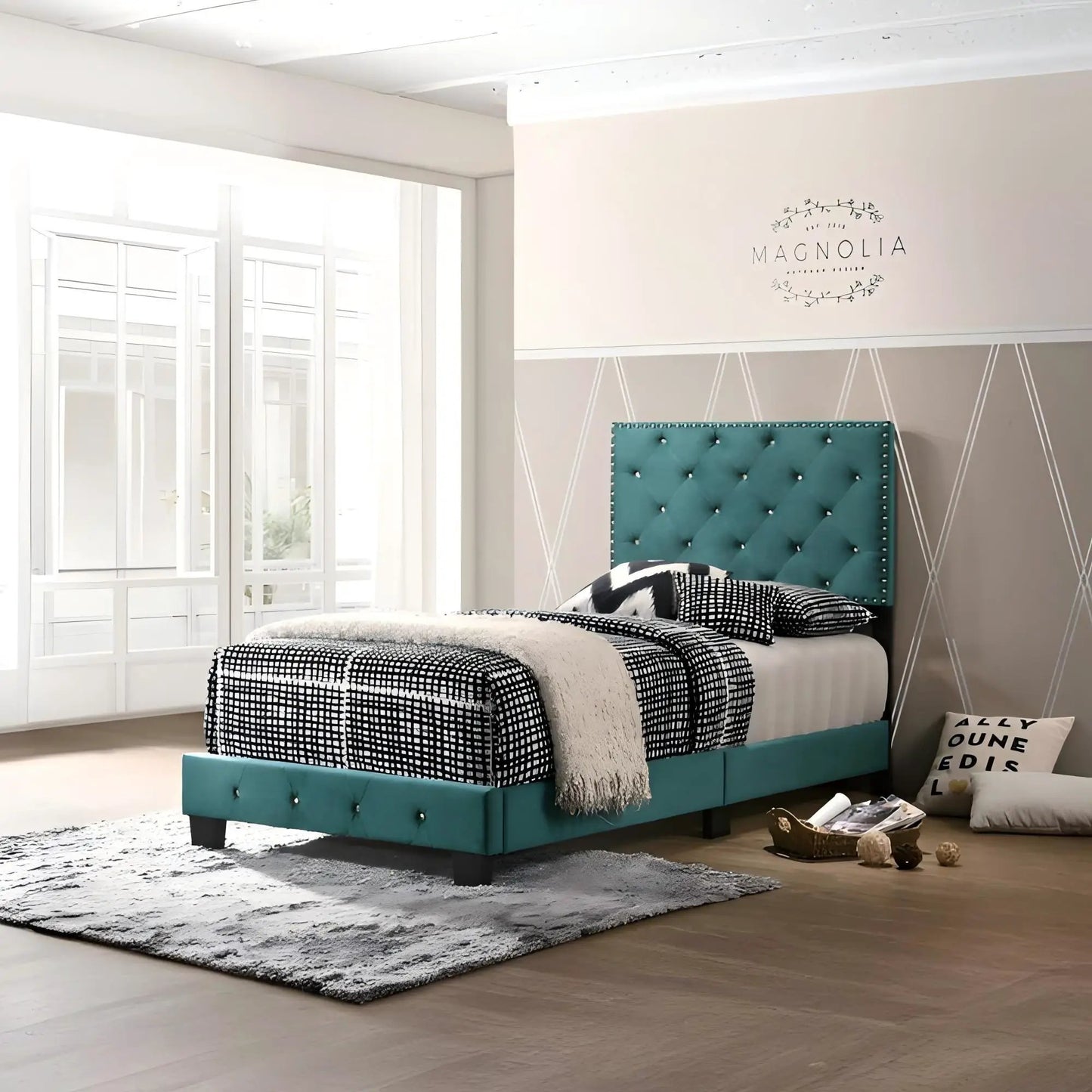 Luxurious Upholstered Bed teal tufted headboard, Unique Piece Furniture on Tampa Home & Garden Store