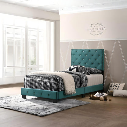 Luxurious Upholstered Bed teal tufted headboard and base by HouseOfZazla with black/white bedding on Tampa Home & Garden Store
