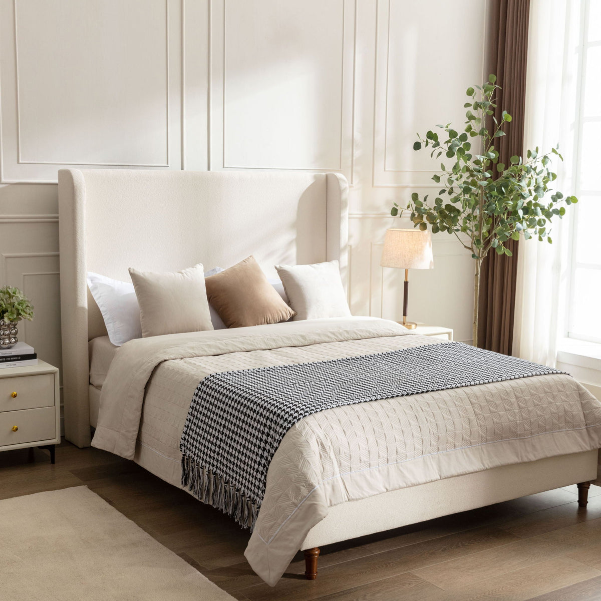 Harper Tall Headboard Upholstered Bed beige fabric with neutral bedding HouseOfZazla on Tampa Home & Garden Store