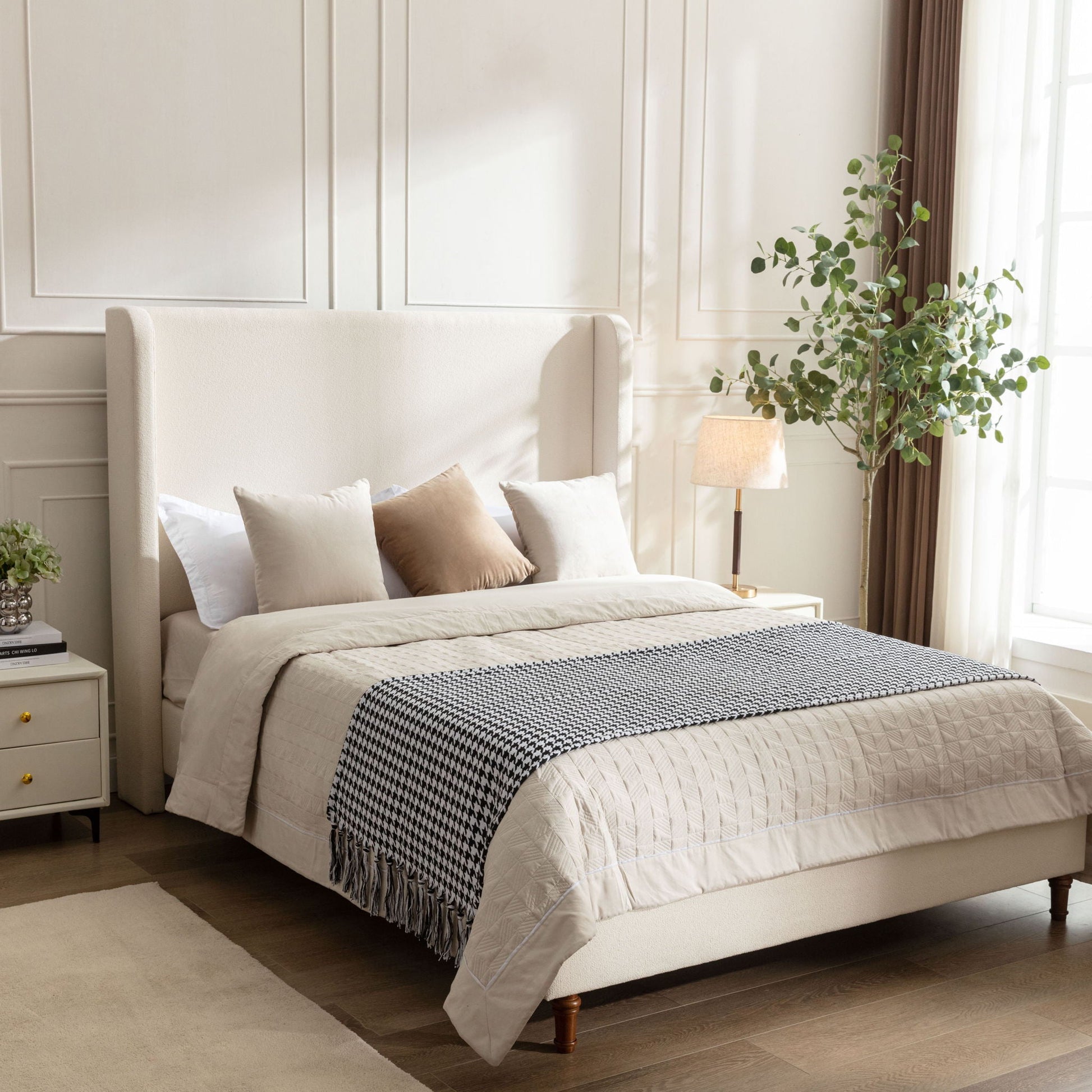 Harper Tall Headboard Upholstered Bed beige fabric with neutral bedding HouseOfZazla on Tampa Home & Garden Store