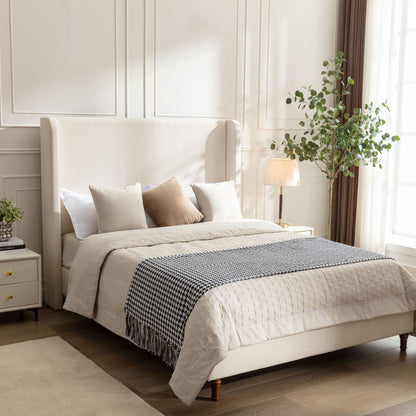 Harper Tall Headboard Upholstered Bed beige fabric with neutral bedding HouseOfZazla on Tampa Home & Garden Store