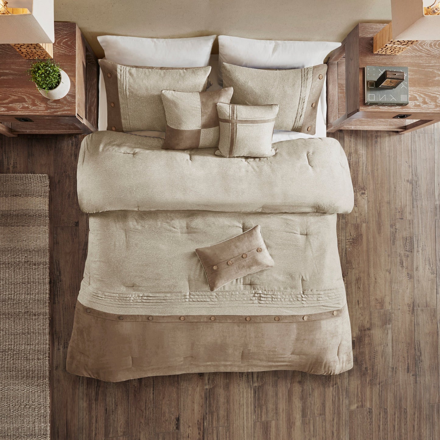 7 Piece Faux Suede Comforter Set Tan King with beige accent pillows on Tampa Home & Garden Store